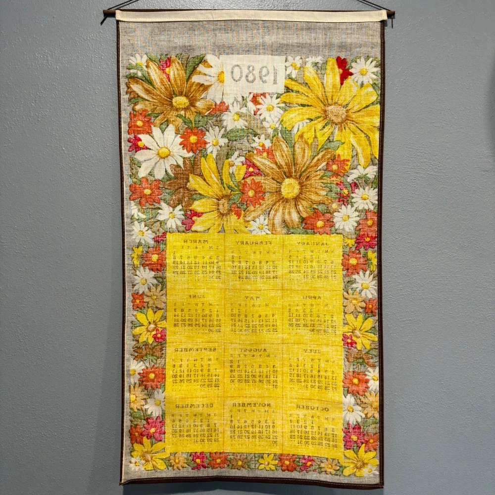 Vintage 1980 Linen Calendar Wall Hanging Towel Floral Daisy Valli Brown Yellow
